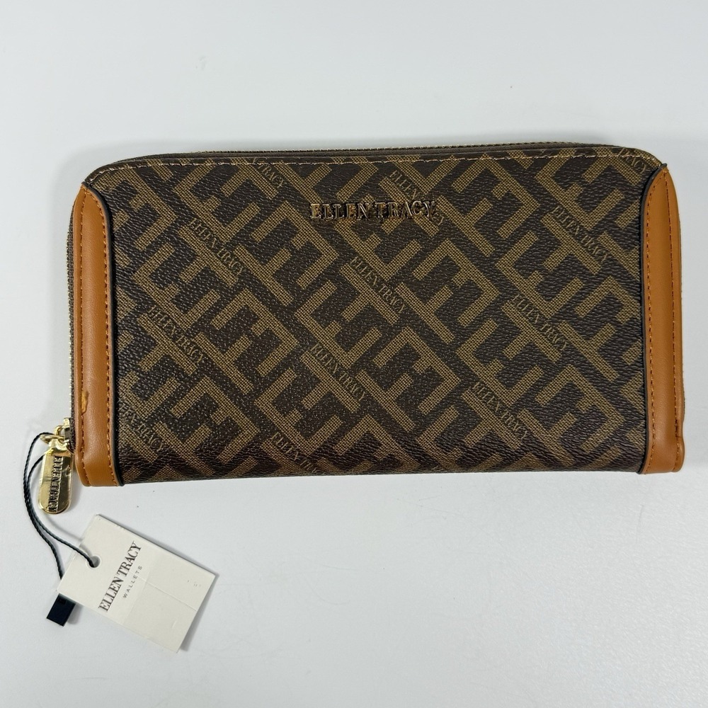 Ellen Tracy zip-around wallet with a logo print design in brown and tan. New